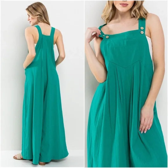 019 Teal Green Linen Button Wide Leg Jumpsuit - Picture 2 of 4